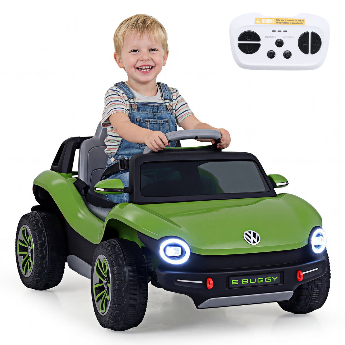 The kids electric car with a happy child inside and the remote control above