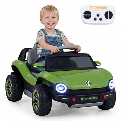 The kids electric car with a happy child inside and the remote control above