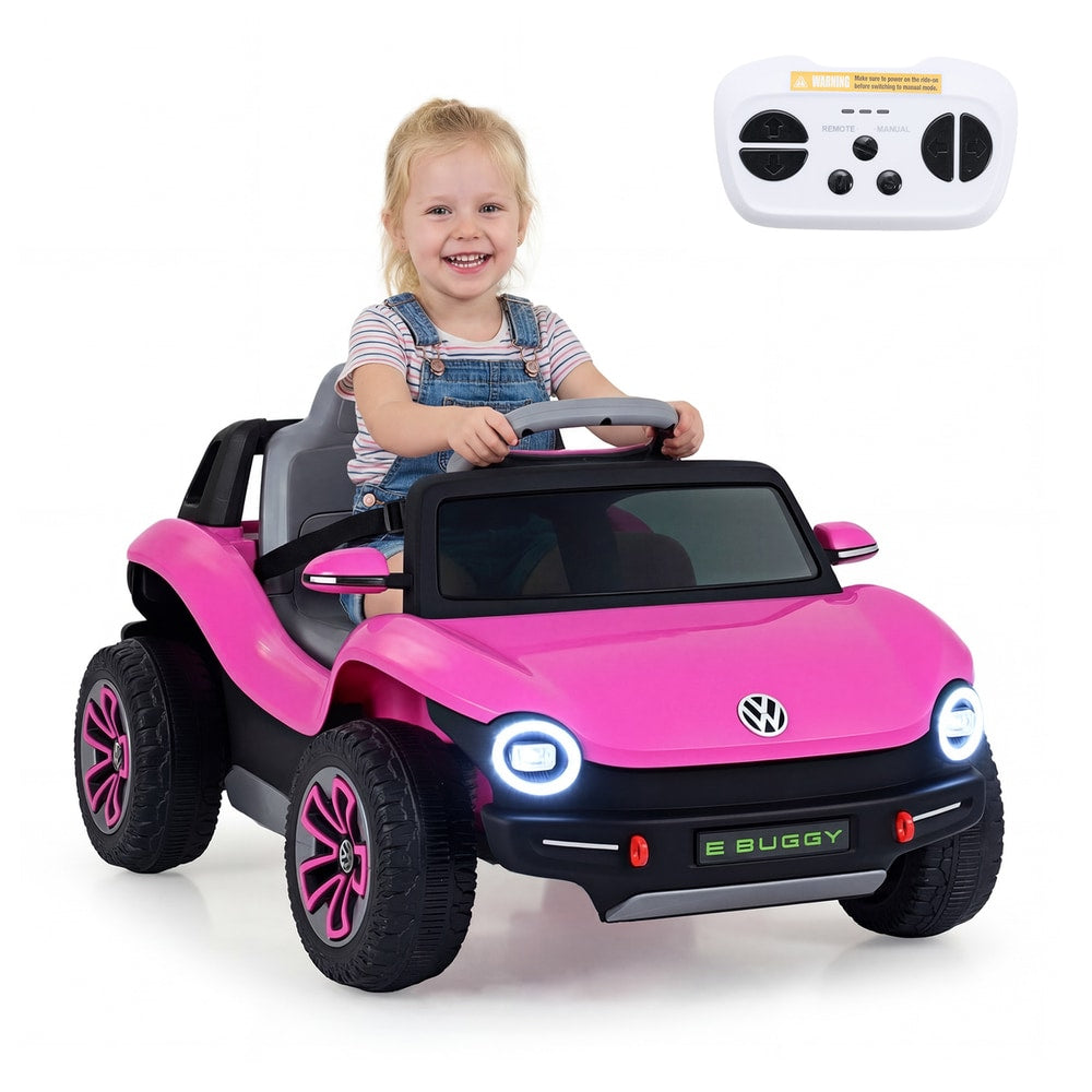 Front view of the pink kids electric car with a child driving and remote control