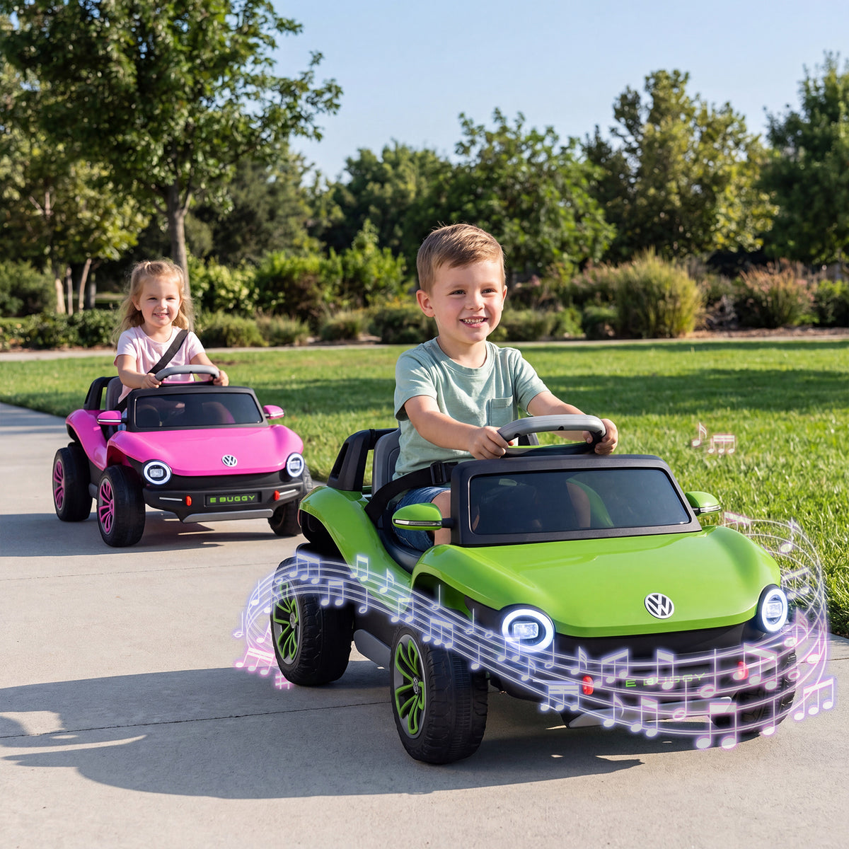 The kids electric car being driven by a child on a path with musical notes graphic
