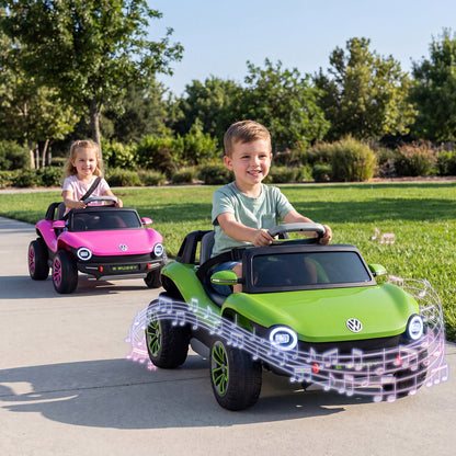The kids electric car being driven by a child on a path with musical notes graphic
