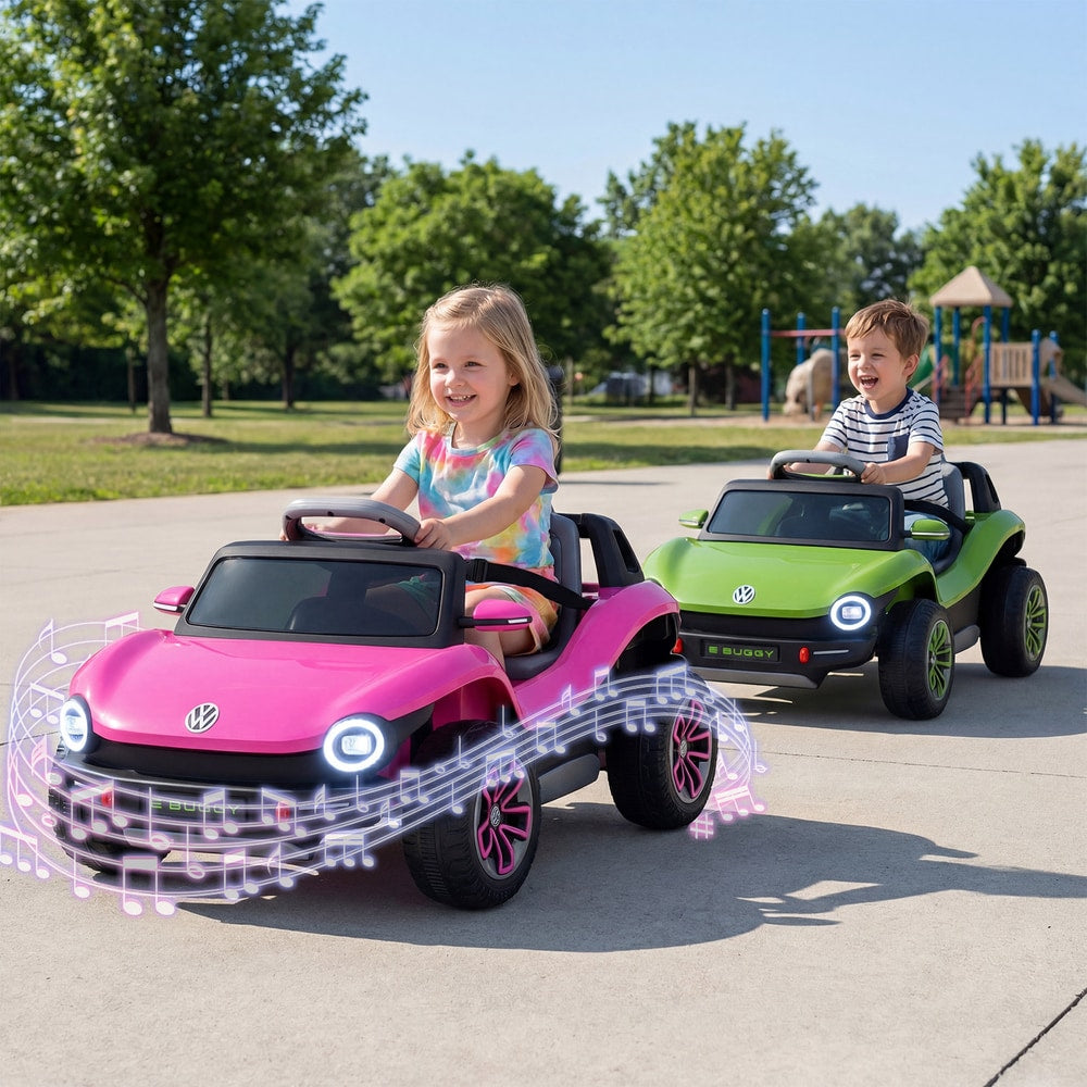 Two children enjoy riding the pink and green electric cars outdoors