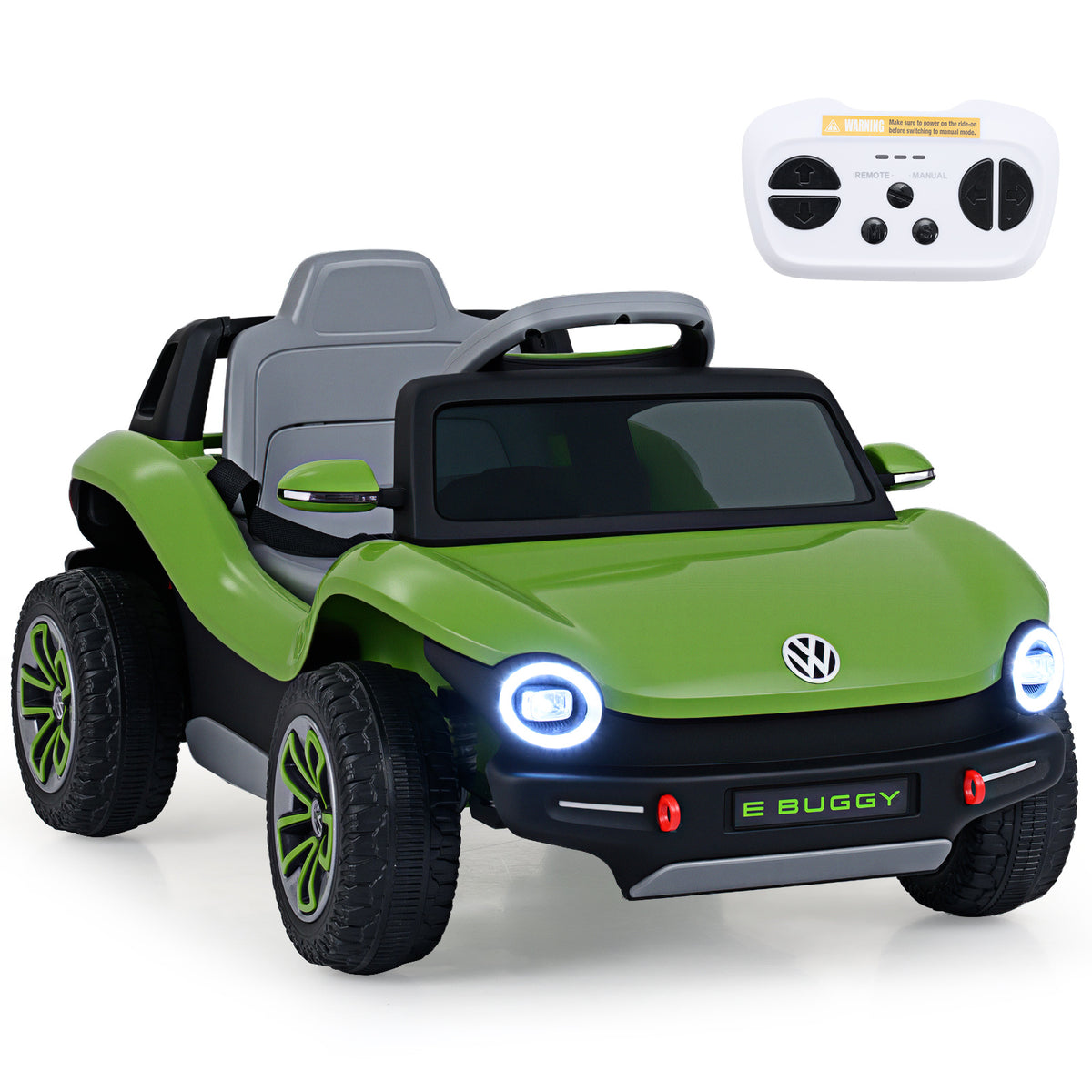 12V Kids Electric Car Licensed Volkswagen shown in green with a remote control unit