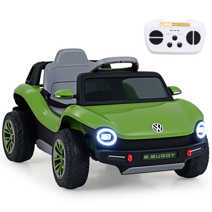 12V Kids Electric Car Licensed Volkswagen shown in green with a remote control unit
