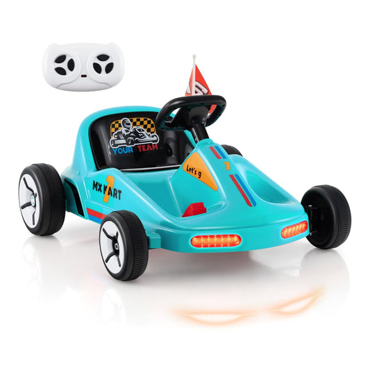 12V Kids Electric Go Kart in blue with a remote control and lights