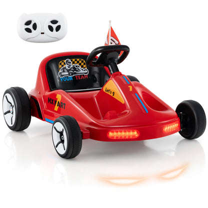 12V Kids Electric Go Kart in red with a remote control and illuminated front lights