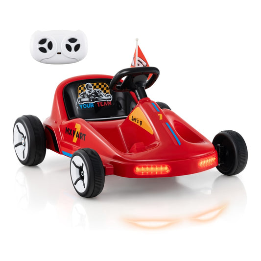 12V Kids Electric Go Kart in red with a remote control and illuminated front lights