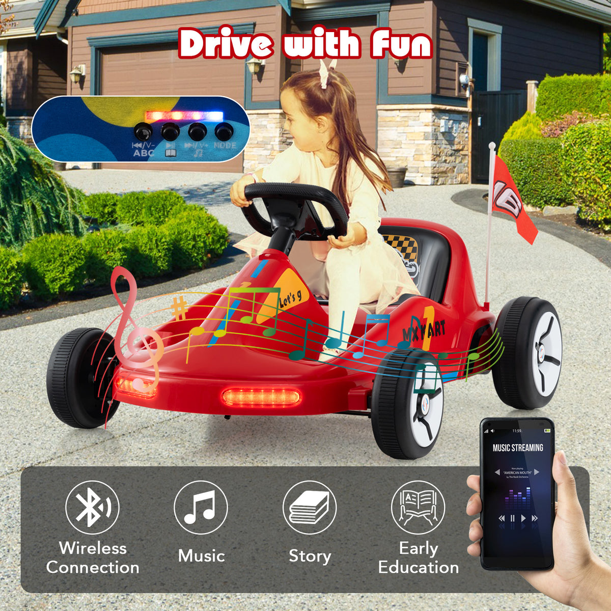 the kids electric car featuring music and wireless connection icons on the display