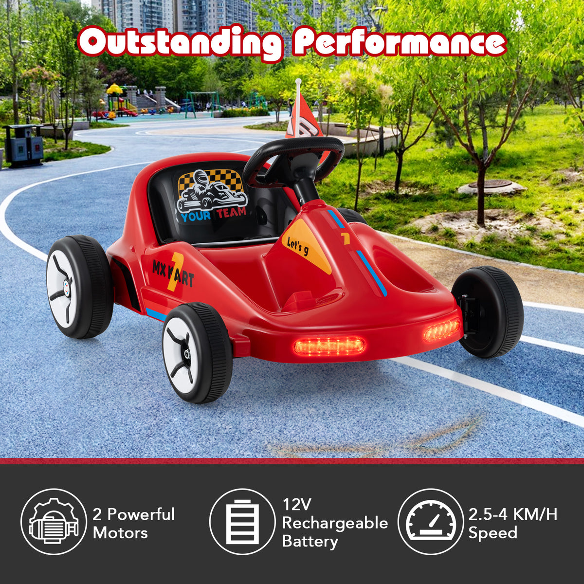 the kids electric car on a track with performance icons showing motor and battery