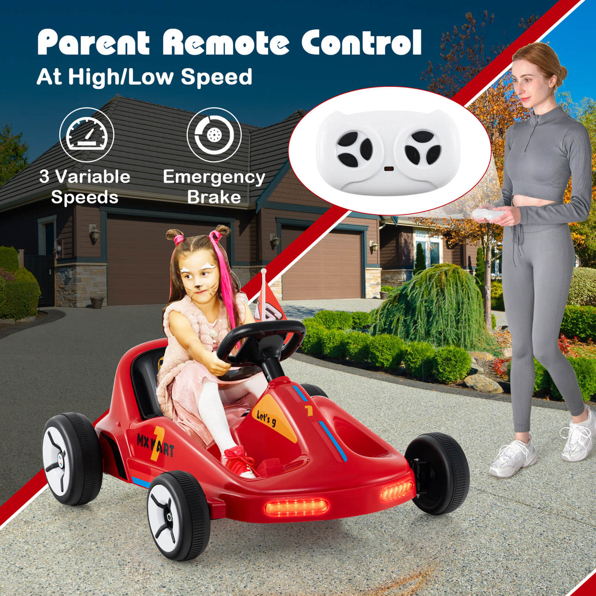 the kids electric car with a parent remote control and speed setting information