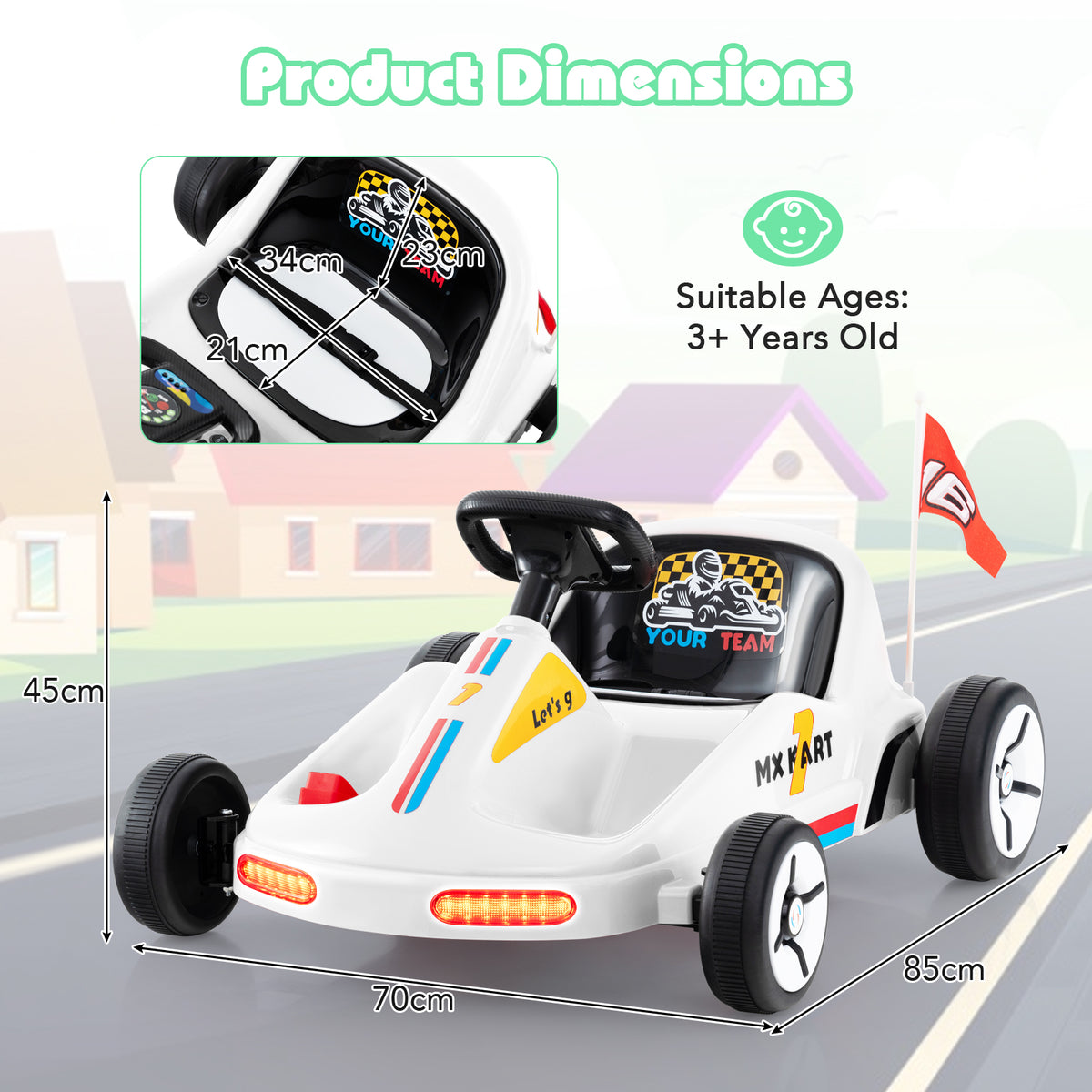 Dimensions diagram of the white kids electric go kart