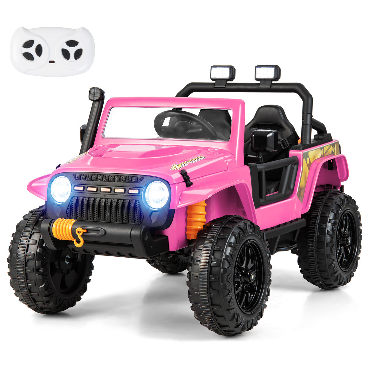 12V Kids Electric Ride on Car in pink with a white remote control unit shown above