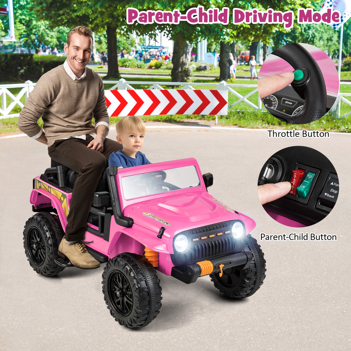 The kids electric car with an adult and child showing the driving controls