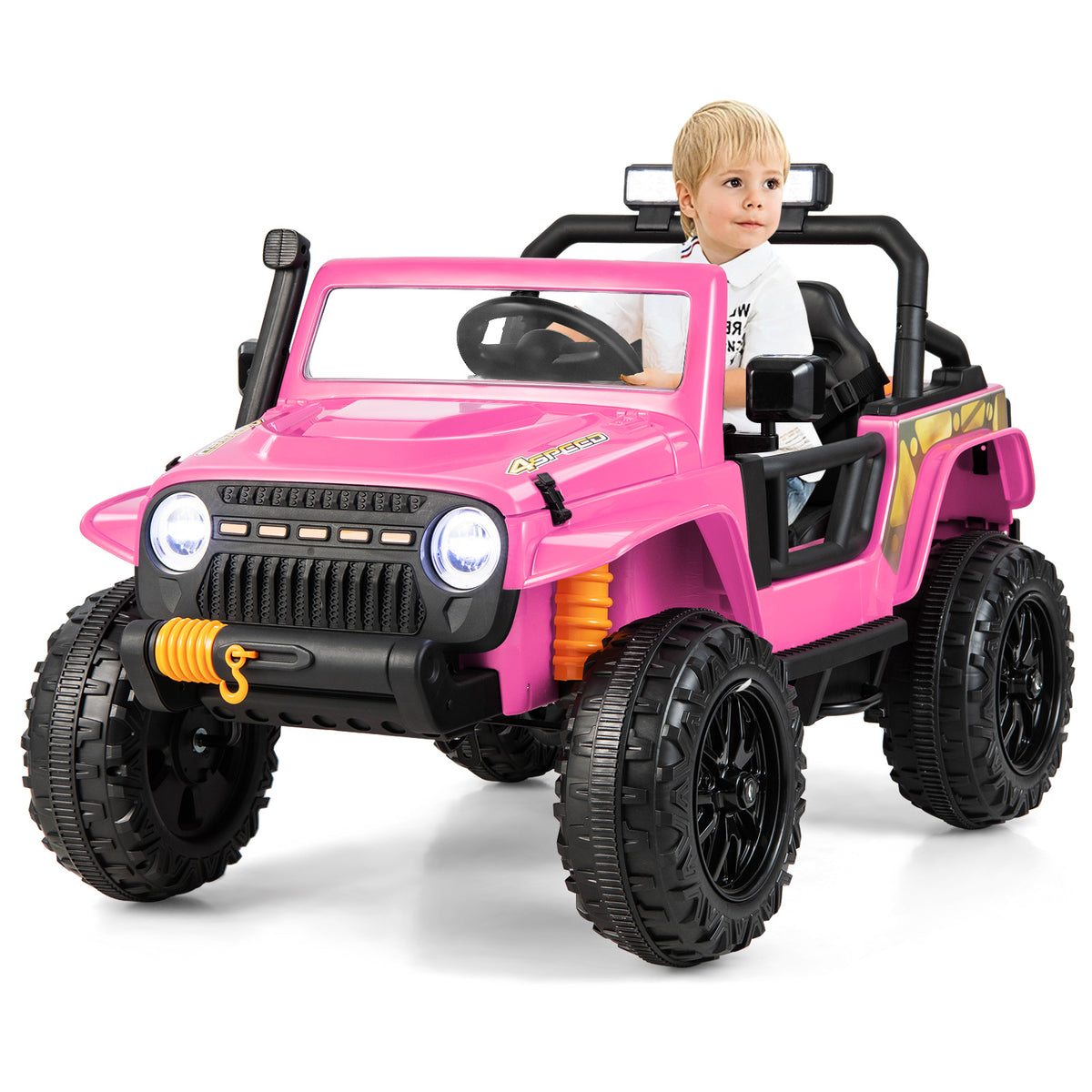 The kids electric car with a young child sitting in the driver seat