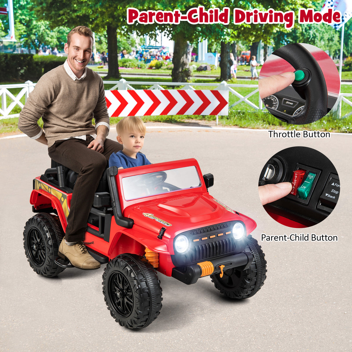 A man and child in the red kids electric car with controls highlighted