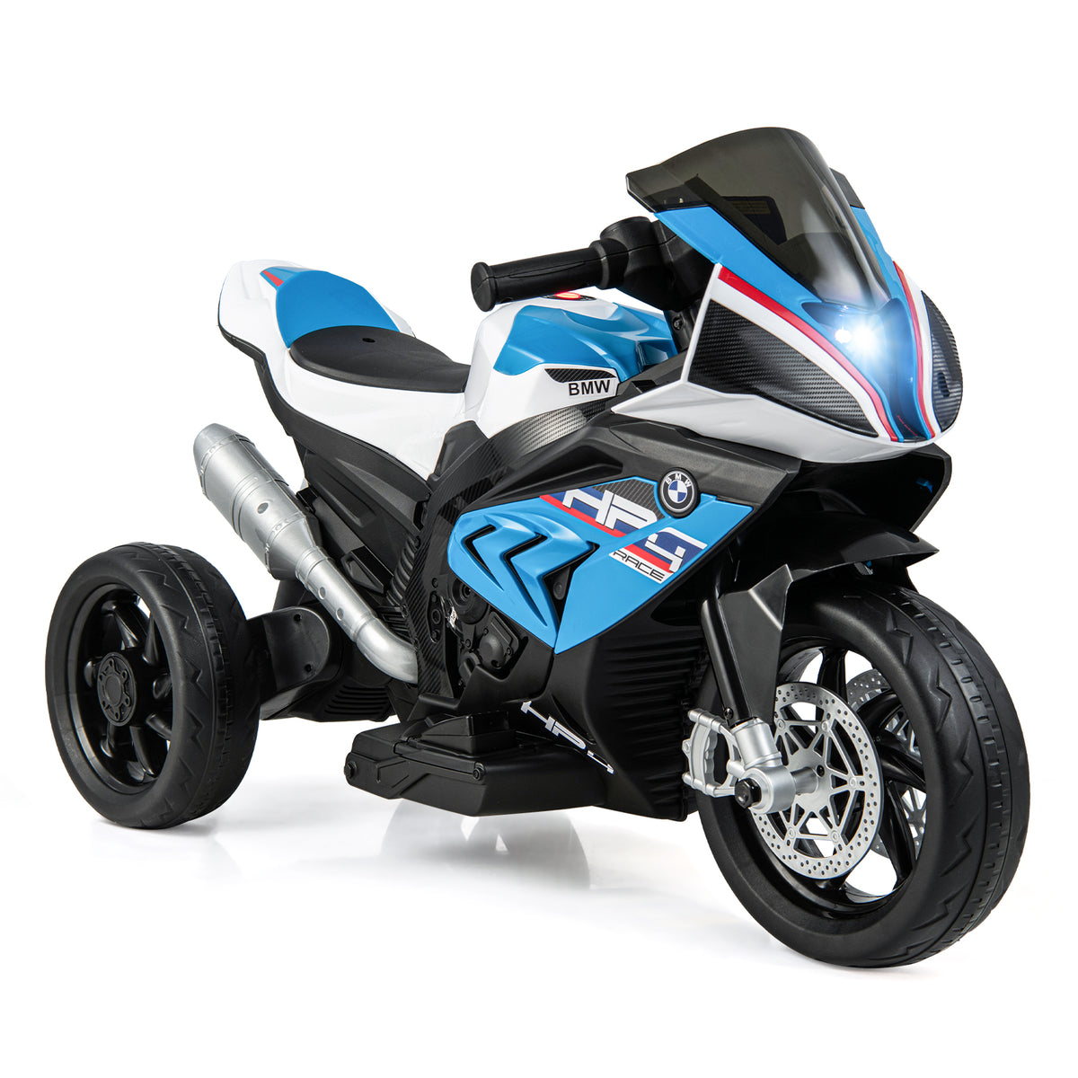 12V Kids Motorcycle Ride-On Toy with Music and Headlight in blue and white on a white background