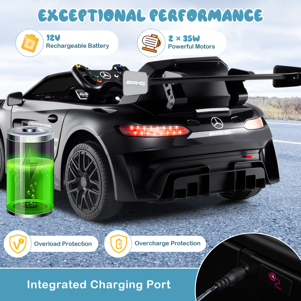 Close up of the black kids electric car Benz GT3 showing charging port and battery details