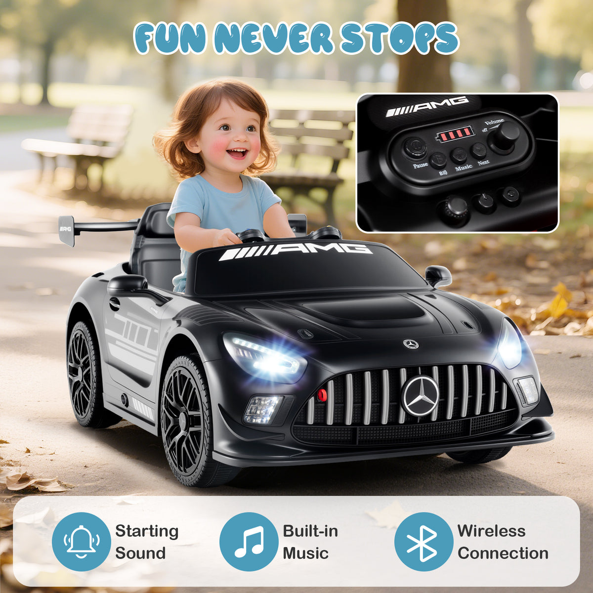 Child enjoying the black kids electric car Benz GT3 with sound and music features
