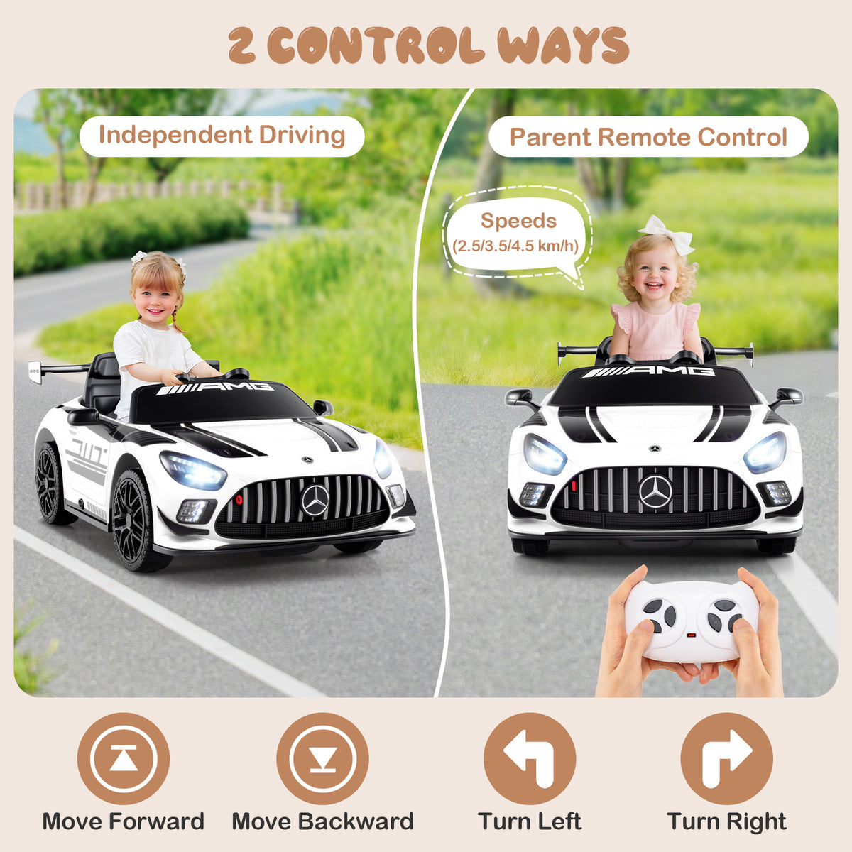 The kids electric car showing independent driving and parent remote control modes