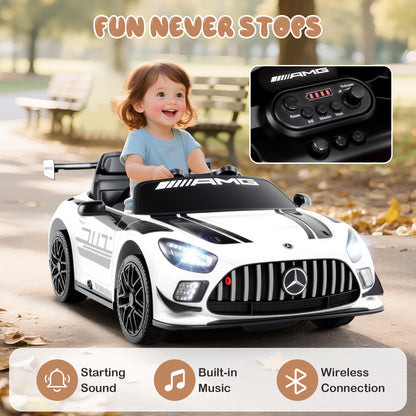 The kids electric car with a child inside and a close-up of the dashboard controls