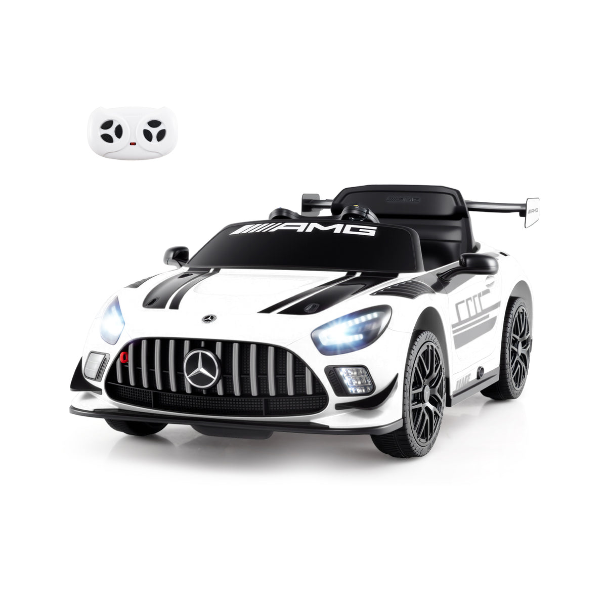 12V Kids Powered Ride on Car Benz GT3 in white with a remote control unit shown above