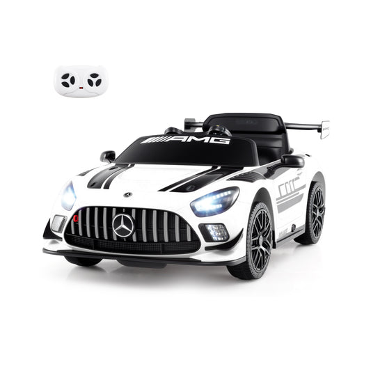 12V Kids Powered Ride on Car Benz GT3 in white with a remote control unit shown above