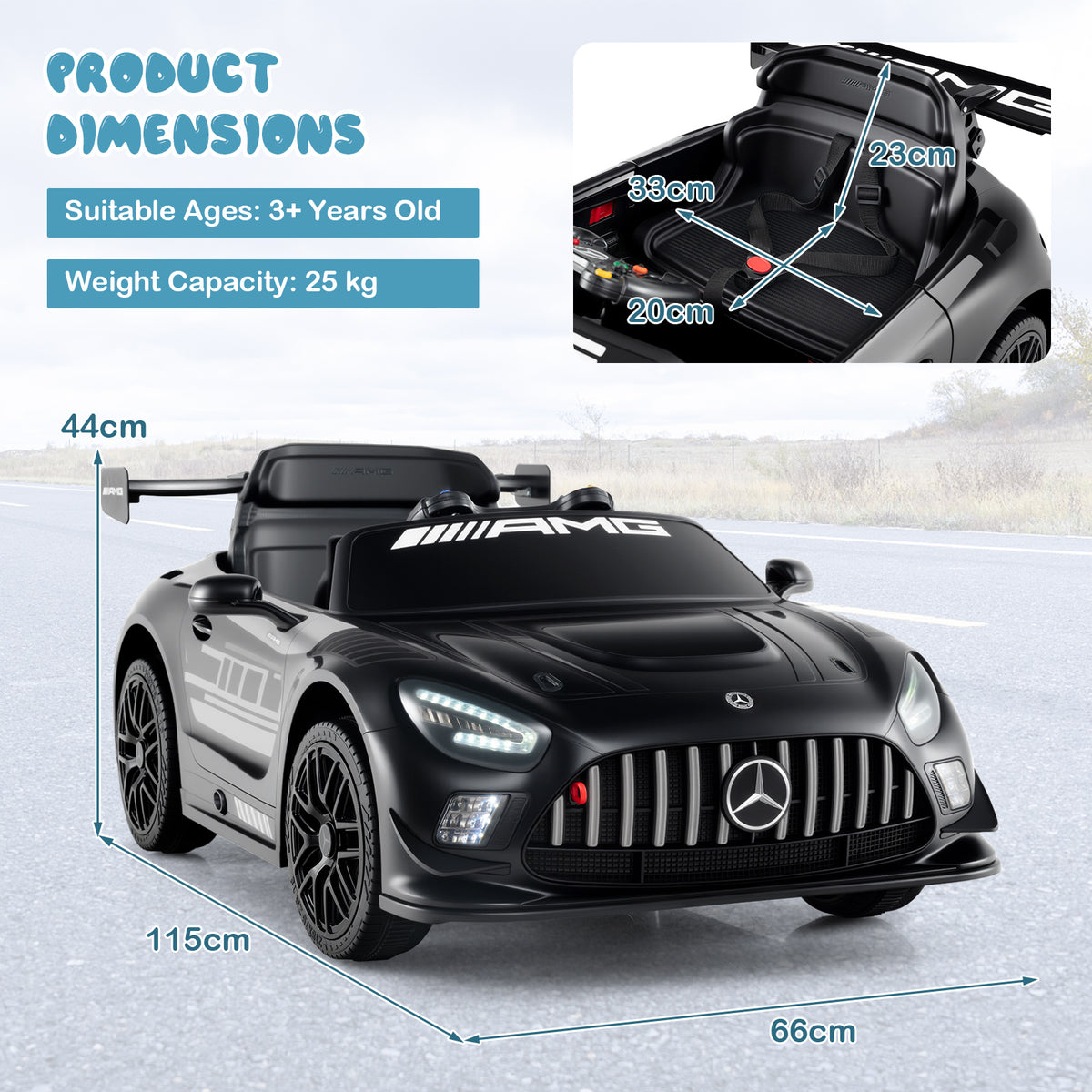 Black kids electric car Benz GT3 with dimensions and weight capacity shown