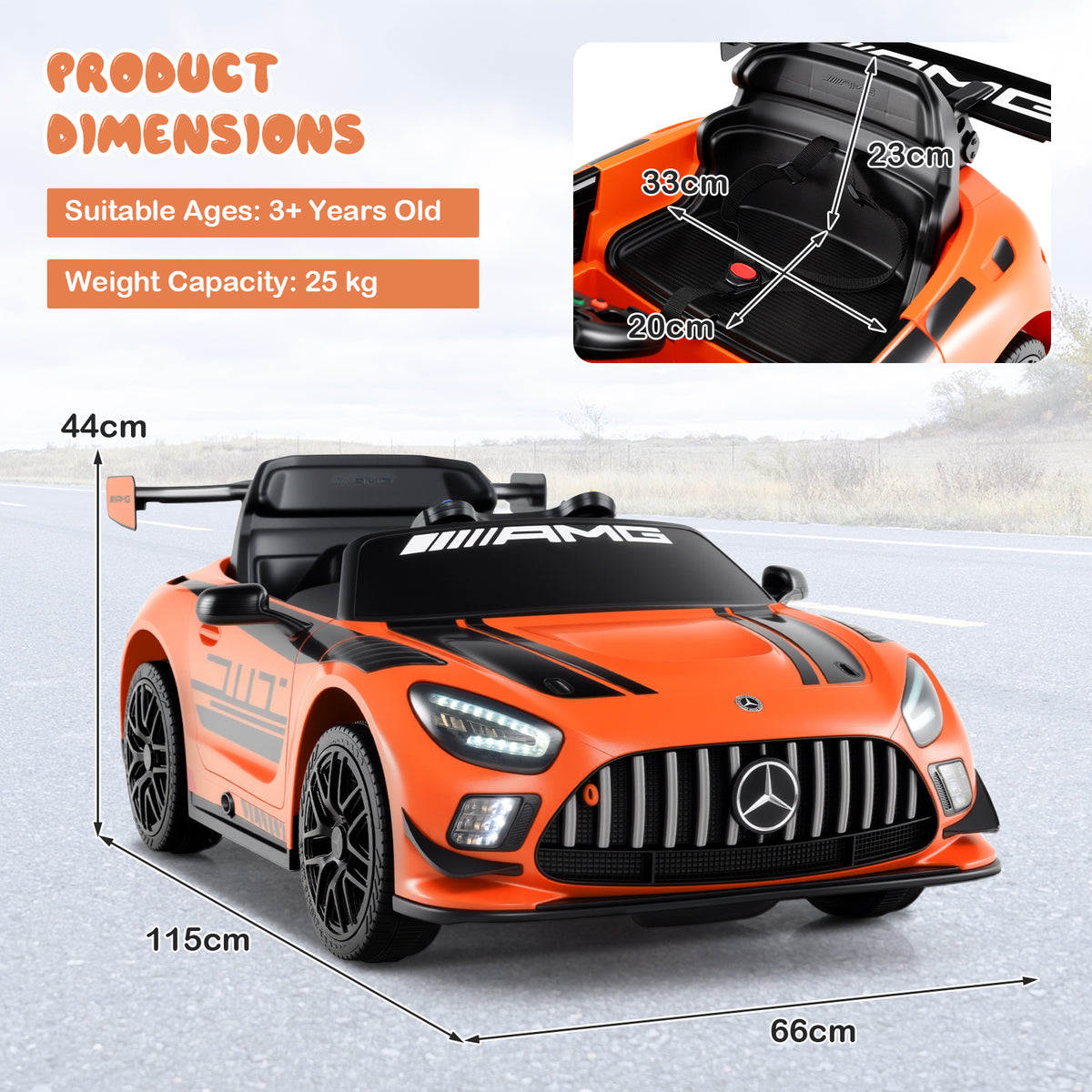 Orange kids electric car with dimensions and age suitability overlay