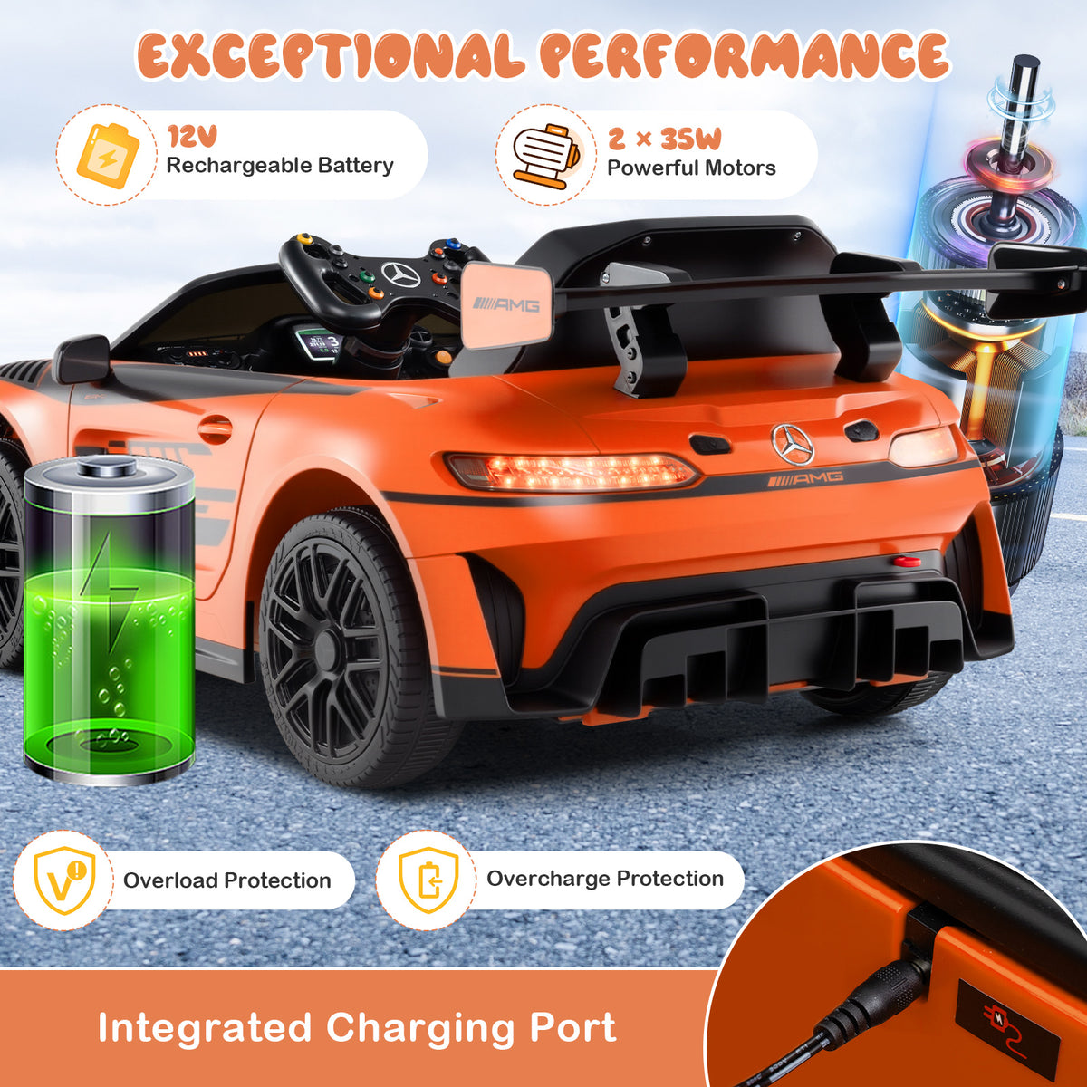 Close up of the orange kids electric car battery, motors and charging port