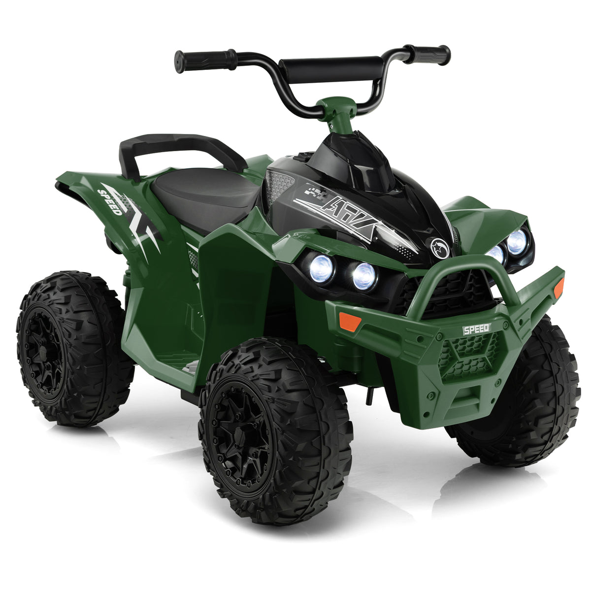12V Kids Ride On ATV in green with LED lights and chunky tyres