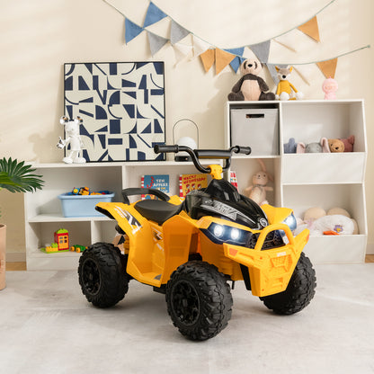 The yellow kids electric quad bike is parked indoors in a child's room