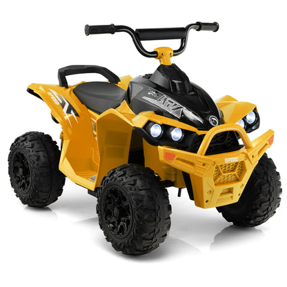 12V Kids Ride On ATV in bright yellow with black accents and LED headlights