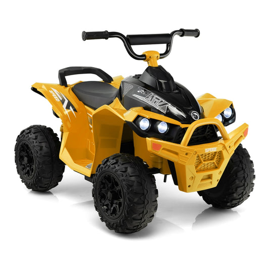 12V Kids Ride On ATV in bright yellow with black accents and LED headlights