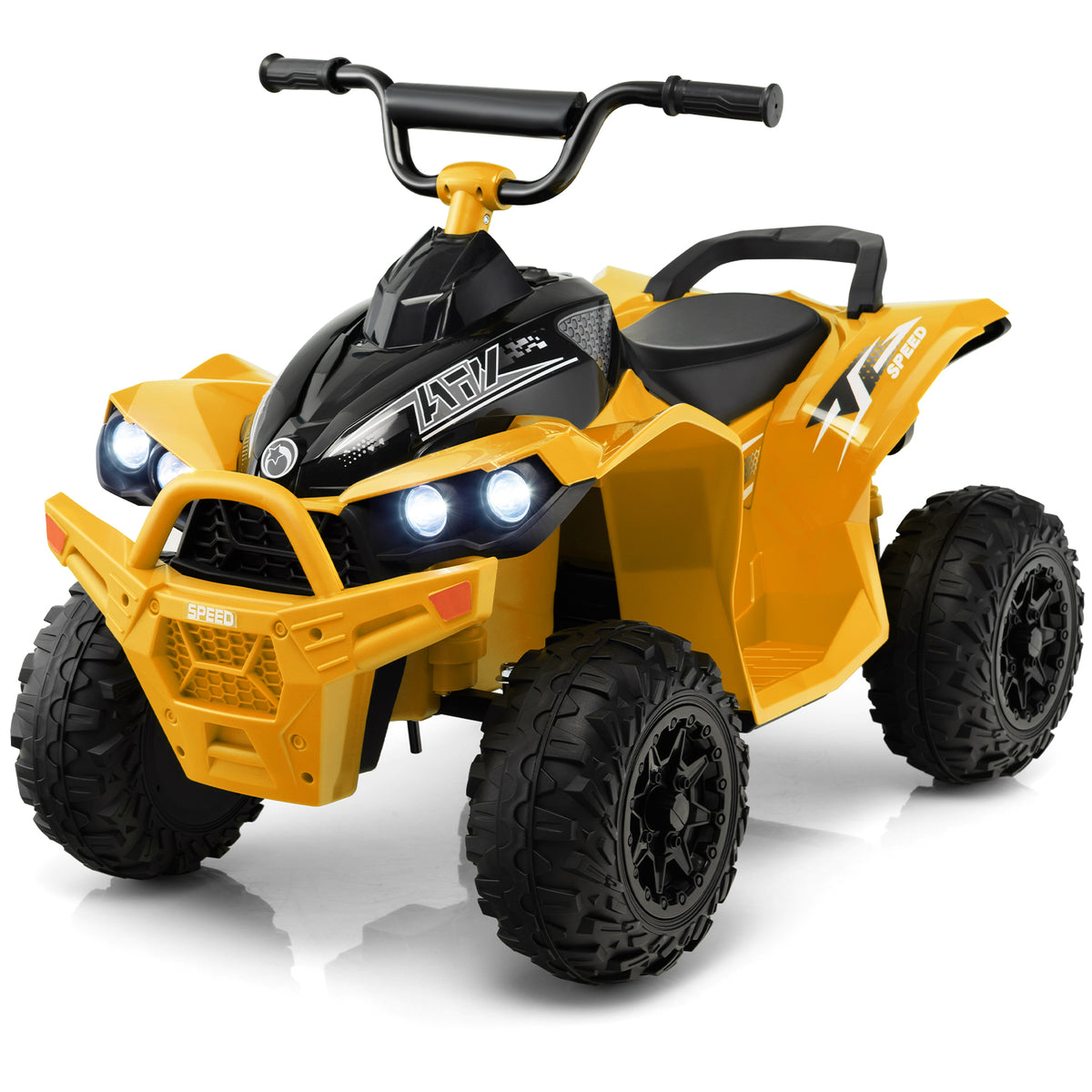 Rear view of the yellow kids electric quad bike with black wheels and seat