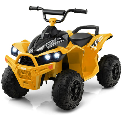 Rear view of the yellow kids electric quad bike with black wheels and seat