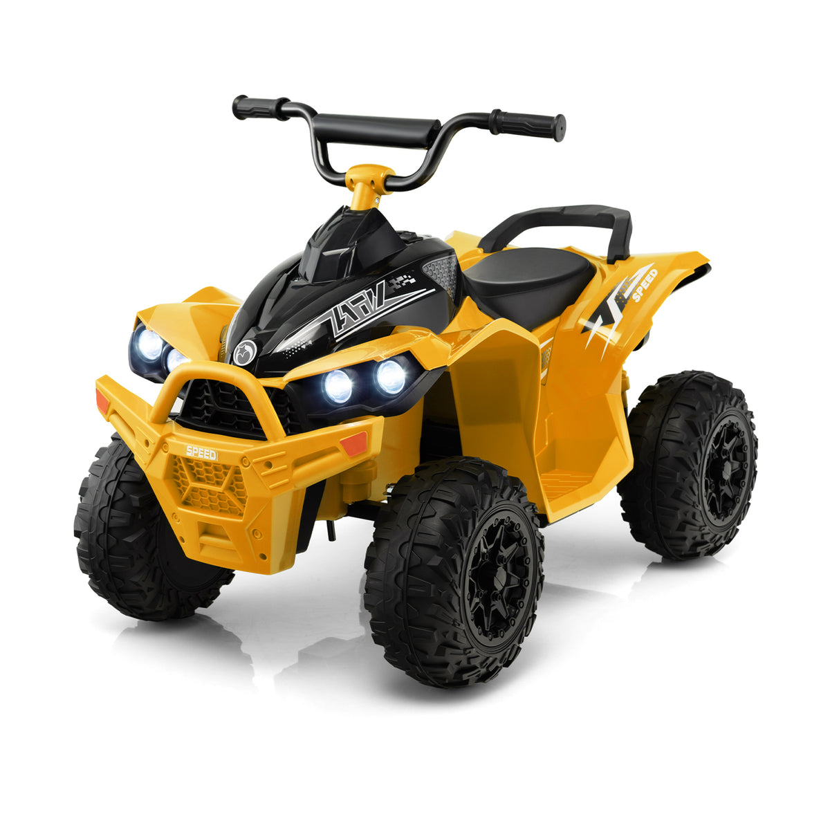 Side profile of the yellow kids electric quad bike with detailed wheels