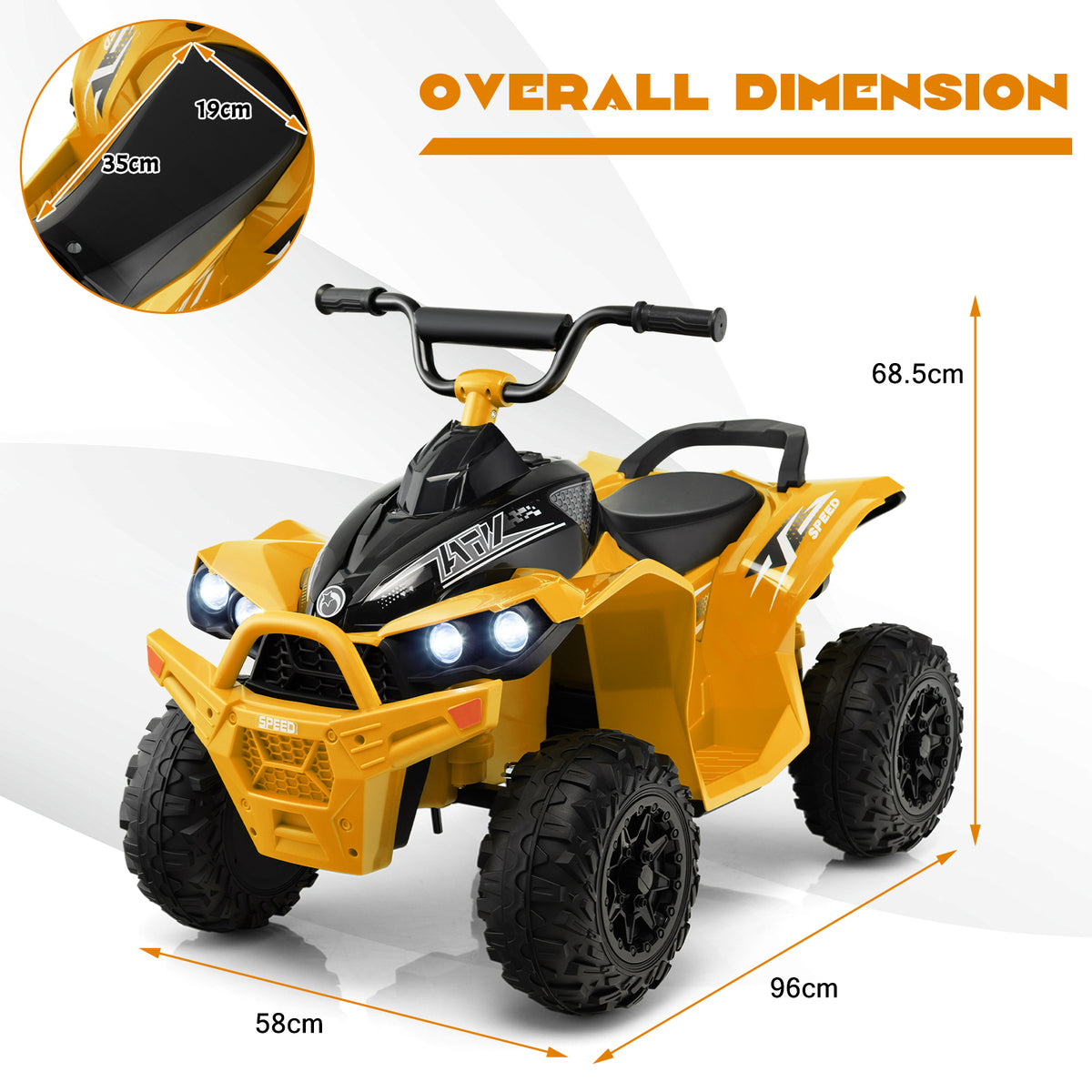 Overall dimensions of the yellow kids electric quad bike are shown