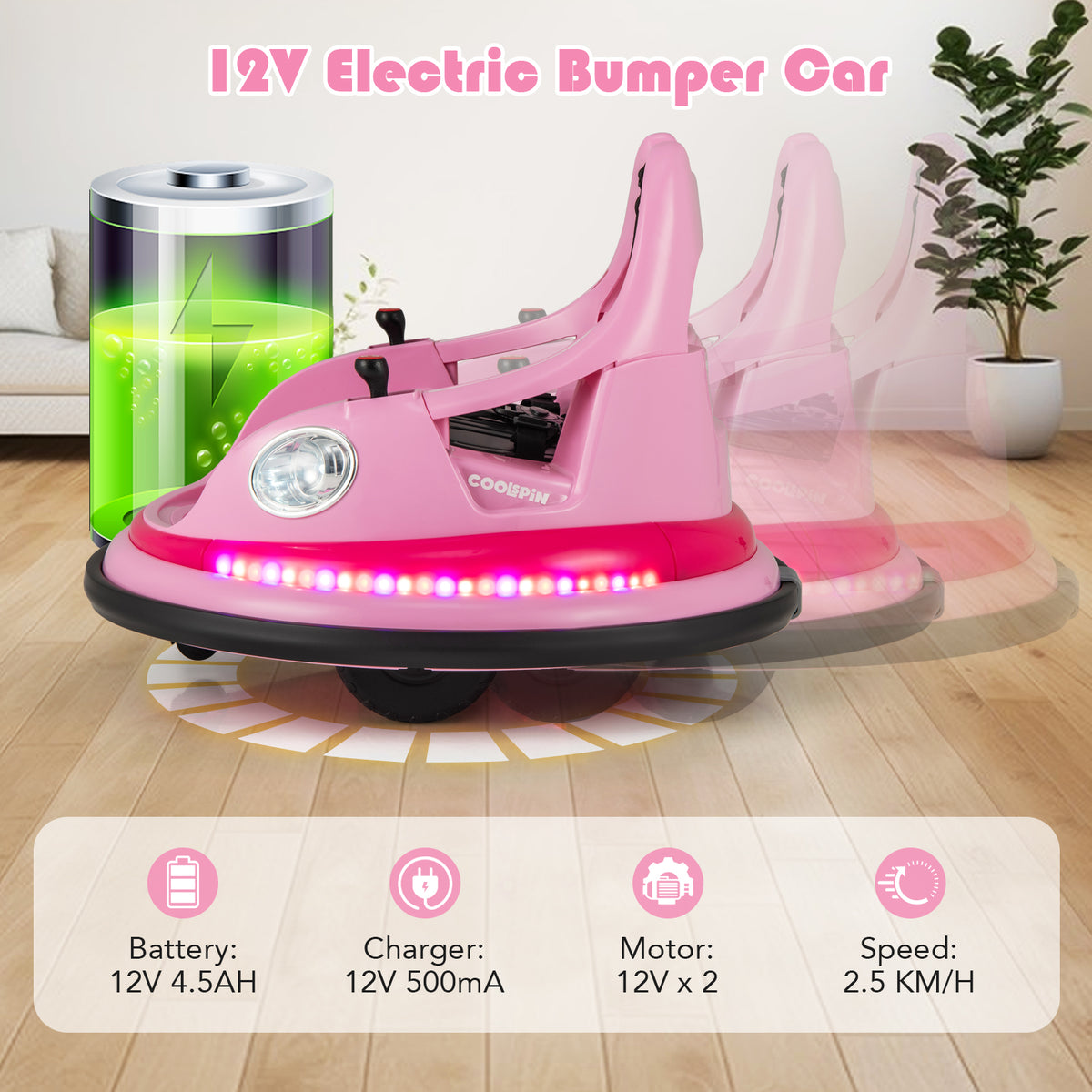 Pink kids electric bumper car with battery and motor information displayed