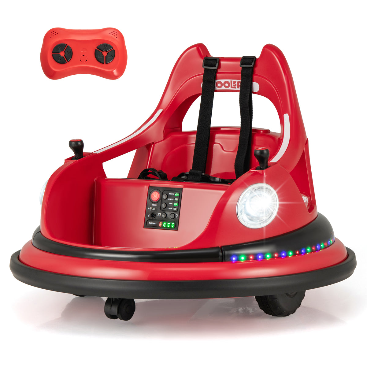 Red kids electric bumper car with remote control and dashboard details