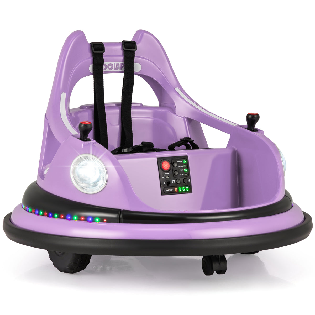 12V Kids Ride On Bumper Car in purple with dual joysticks and illuminated front headlights