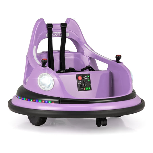 12V Kids Ride On Bumper Car in purple with dual joysticks and illuminated front headlights