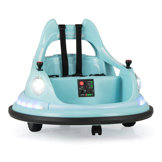 12V Kids Ride On Bumper Car in blue with lights and safety straps