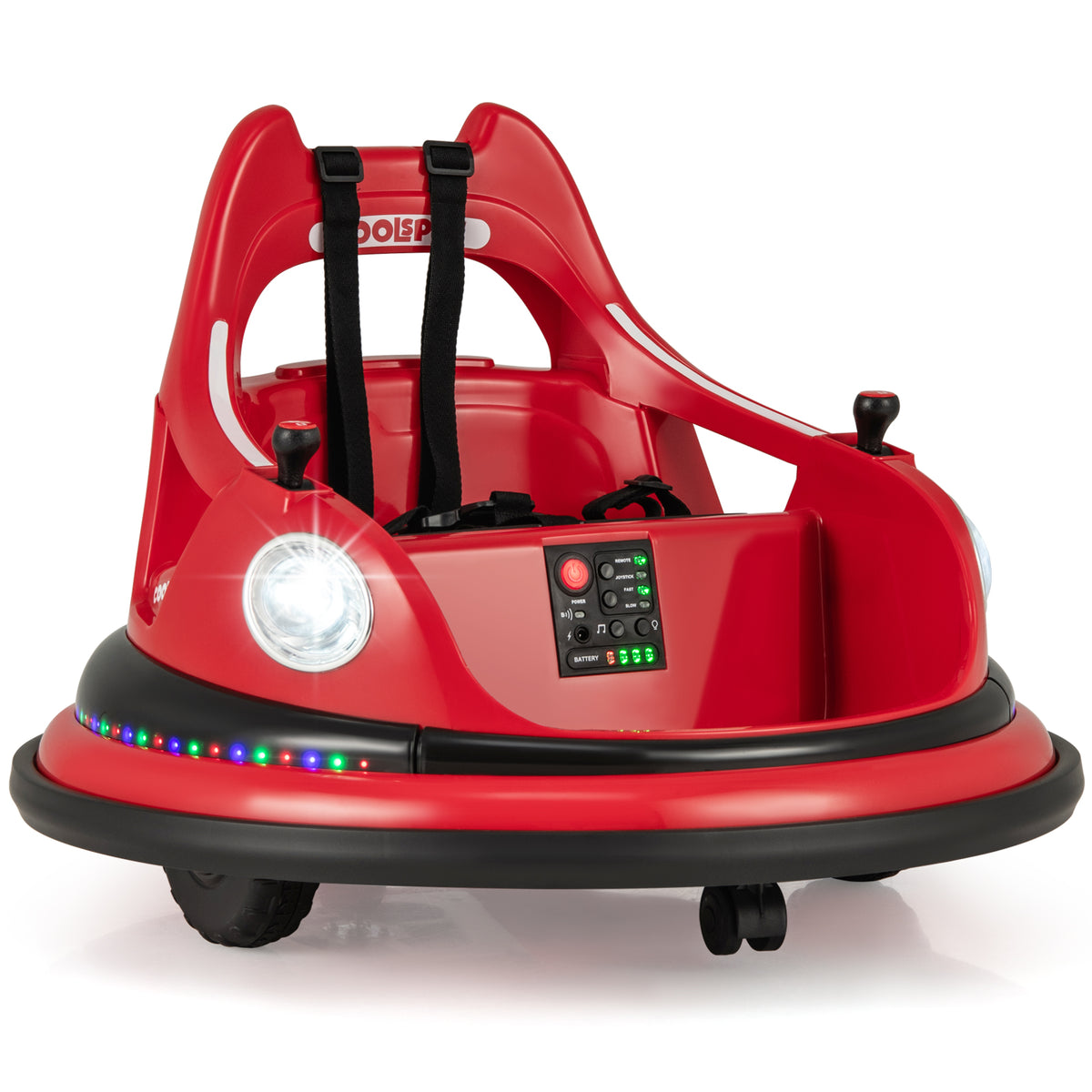 12V Kids Ride On Bumper Car in red with lights and dual joysticks