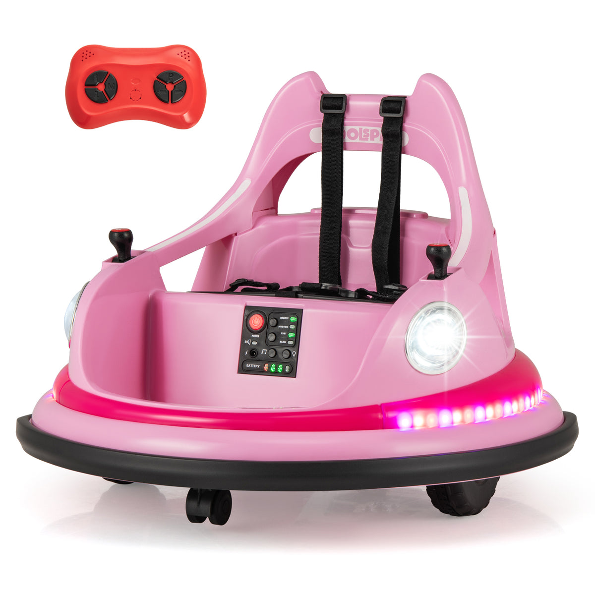 The pink kids electric bumper car with a red remote control and flashing lights