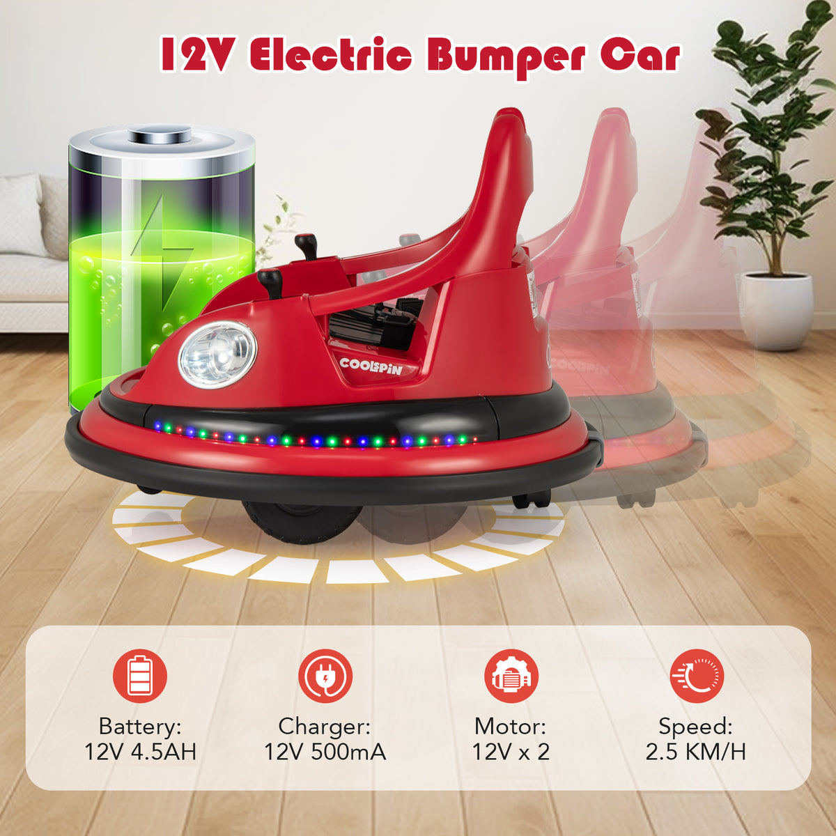 Information graphic for the red 12V electric bumper car showing battery and speed