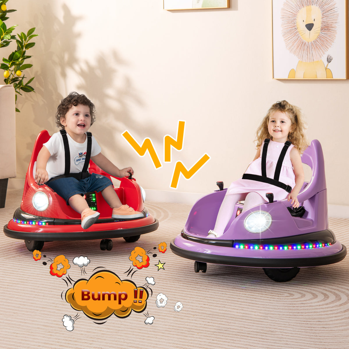 Two children enjoying the red and purple kids electric bumper cars indoors