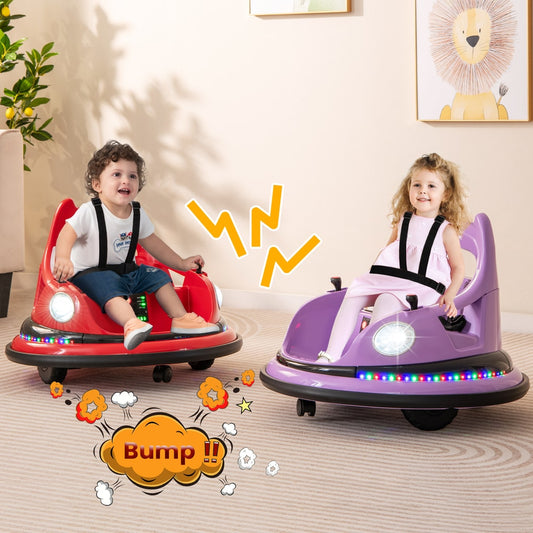 Two children enjoying the red and purple kids electric bumper cars indoors
