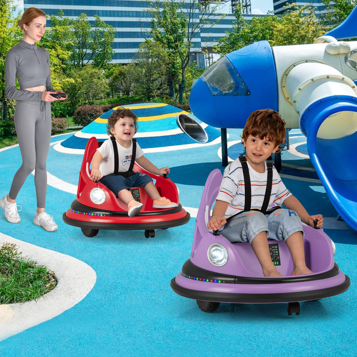 Children riding the red and purple kids electric bumper cars in a playground