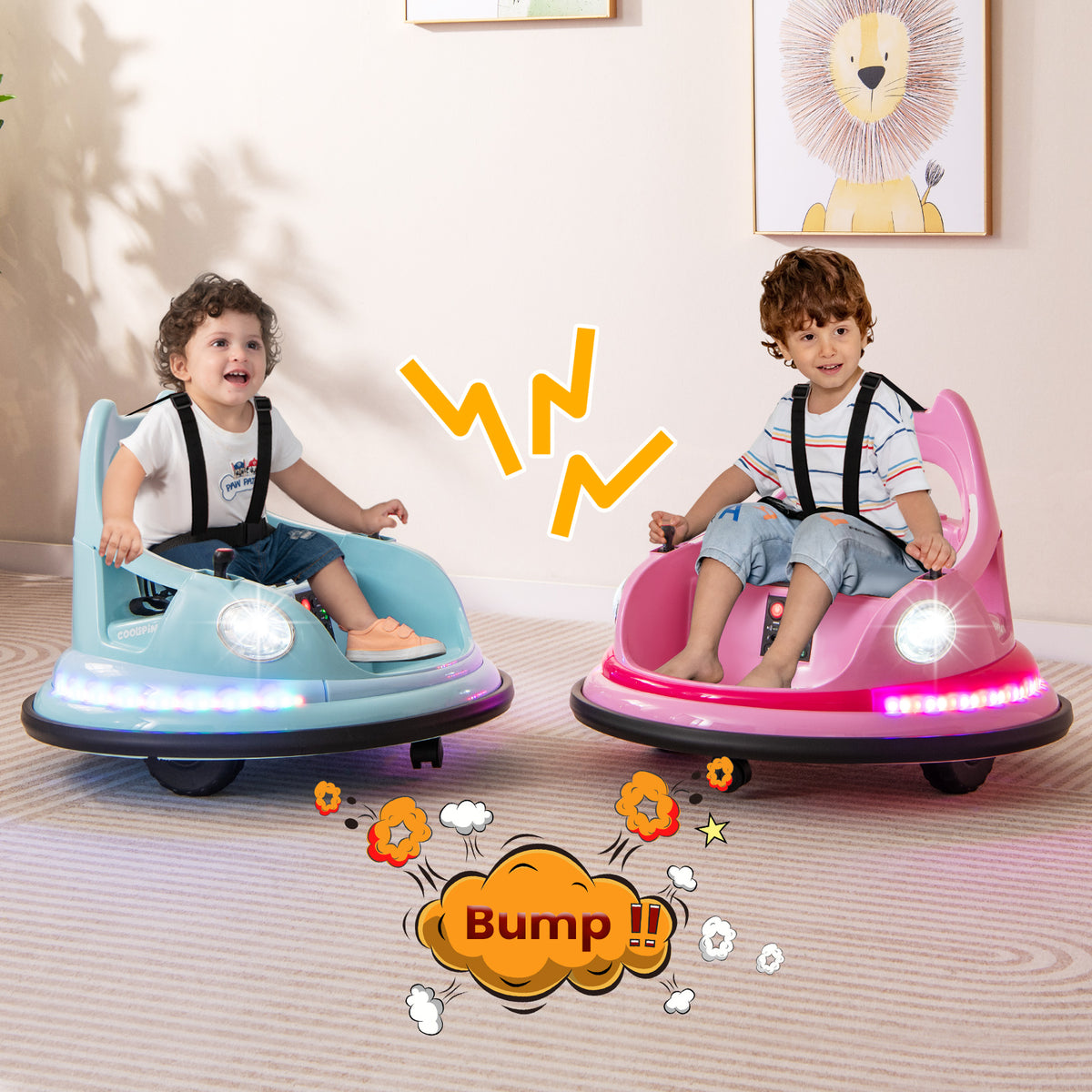 Two children enjoying the pink and blue kids electric bumper cars bumping into each other