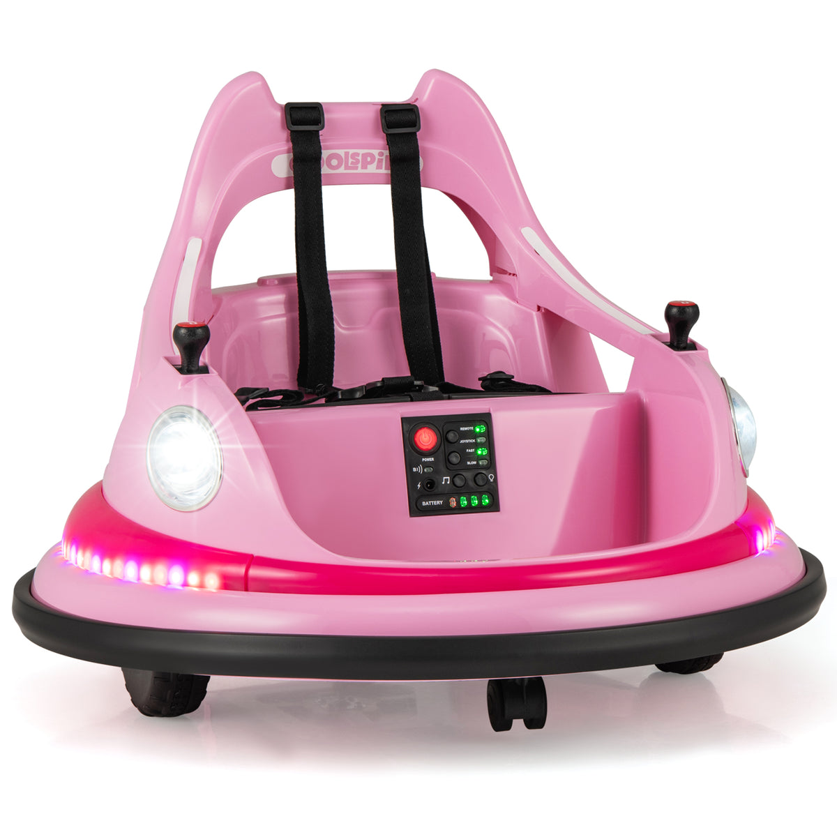 12V Kids Ride On Bumper Car in pink with dual joysticks and 5 light effects